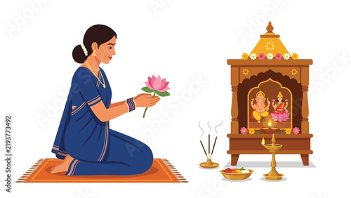 Indian woman in traditional blue saree performing puja ritual at home temple, offering lotus flower to Ganesha and Lakshmi idols vector illustration.