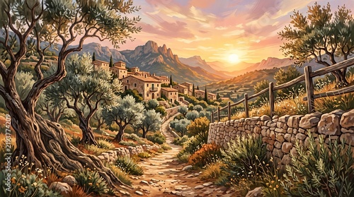 Village path olive trees sunset