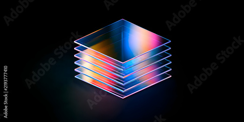 Holographic glass sheets stacked as a background for contemporary crypto tokens