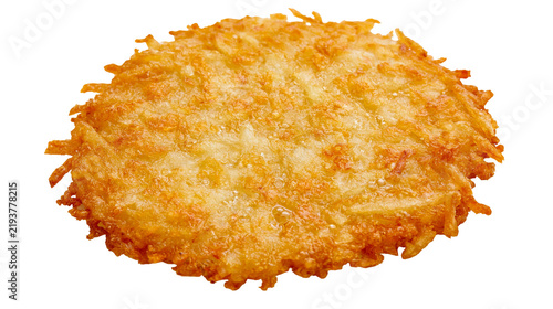 Isolated delicious golden crispy fried hash brown, classic potato breakfast or brunch food.
