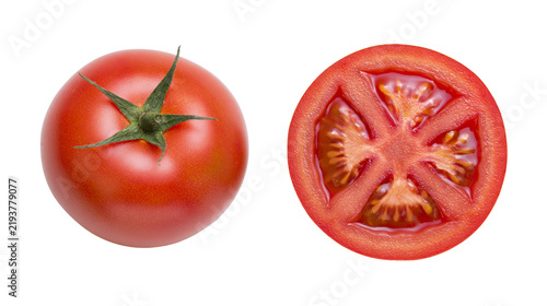Photography Isolated ripe red whole tomato with green stem and detailed cross-section of a juicy sliced half