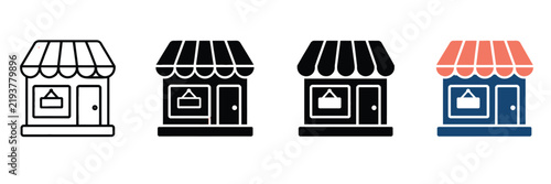 Minimalist storefront icon set, retail shop building vector illustrations, small business boutique facade symbols for e-commerce and web design