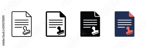 Approved document icons with rubber stamp, certified paper contract vector set, official legal agreement symbols for business and bureaucracy