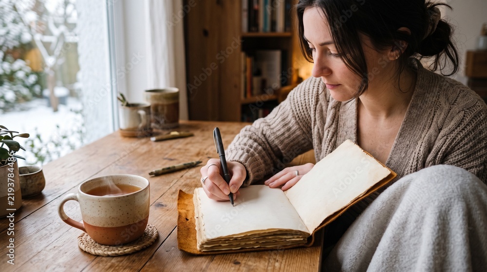 Obraz premium Woman writing in journal by window with steaming tea on wooden table in cozy winter setting