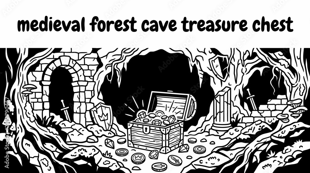 Fototapeta premium golden treasure chest discovered inside a dark medieval forest cave, glowing coins, gemstones, mossy rocks, ancient ruins, mysterious woodland atmosphere, fantasy adventure vector illustration