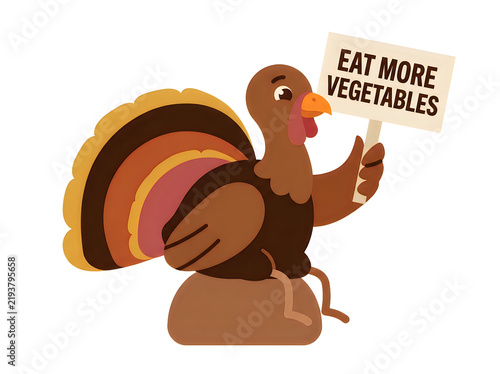 Cartoon turkey holding eat more vegetables sign