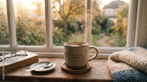 Cozy Autumn Morning Scene with Hot Drink by the Window.