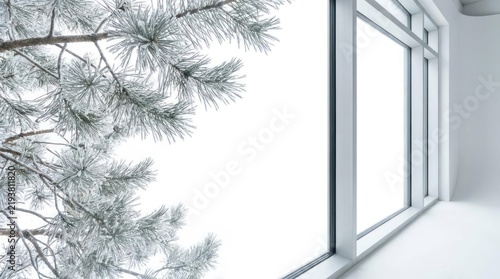 Pine tree branches covered in snow through window.