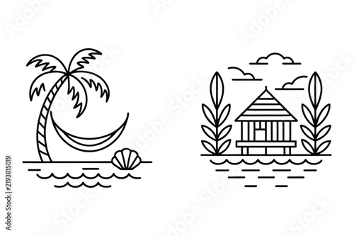 Beach scene with palm hammock and island overwater bungalow
