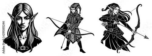 Foto Fantasy Elf Archer Character and Elven Ranger Vintage Engraved Vector Illustrati