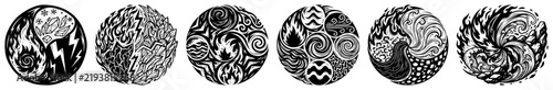 Four Elements Yin Yang Balance Circular Symbols Vector Illustration Set