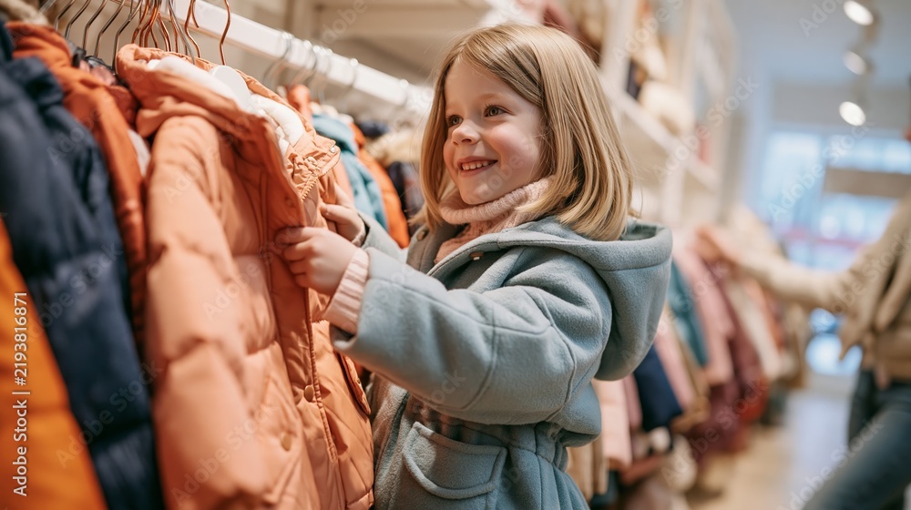 Obraz premium Young child selects between two winter coats in bright store with parent helping in modern retail space Generative AI