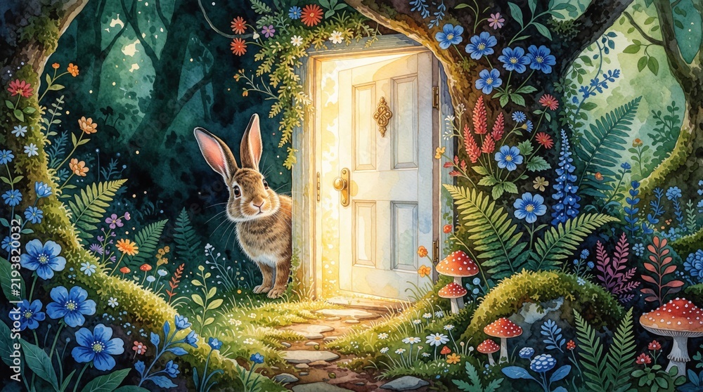 Fototapeta premium Curious rabbit peeks from rich forest near glowing door. Whimsical nature scene with vibrant flora and enchanting details invites exploration and discovery. Magical doorway promises adventure.