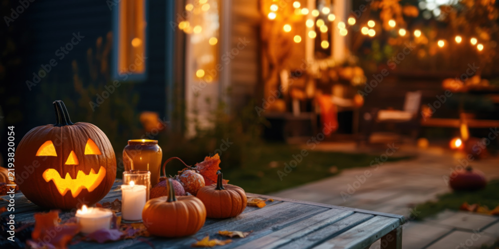 Obraz premium Pumpkin carving party with a variety of carved pumpkins and cozy outdoor lighting