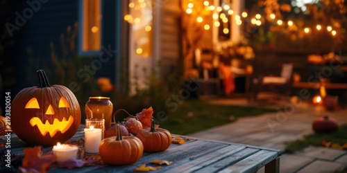 Pumpkin carving party with a variety of carved pumpkins and cozy outdoor lighting