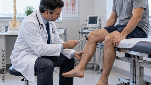 Male doctor performing neurological reflex test on patient knee with reflex hammer in medical office.