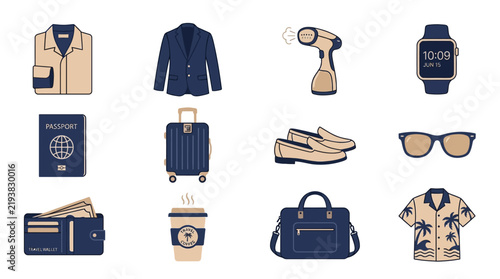 Summer Bleisure Wardrobe Icon Set for Smart Casual Travel Flat Vector Isolated on White Background