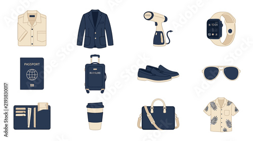 Summer Bleisure Wardrobe Icon Set for Smart Casual Travel Flat Vector Isolated on White Background