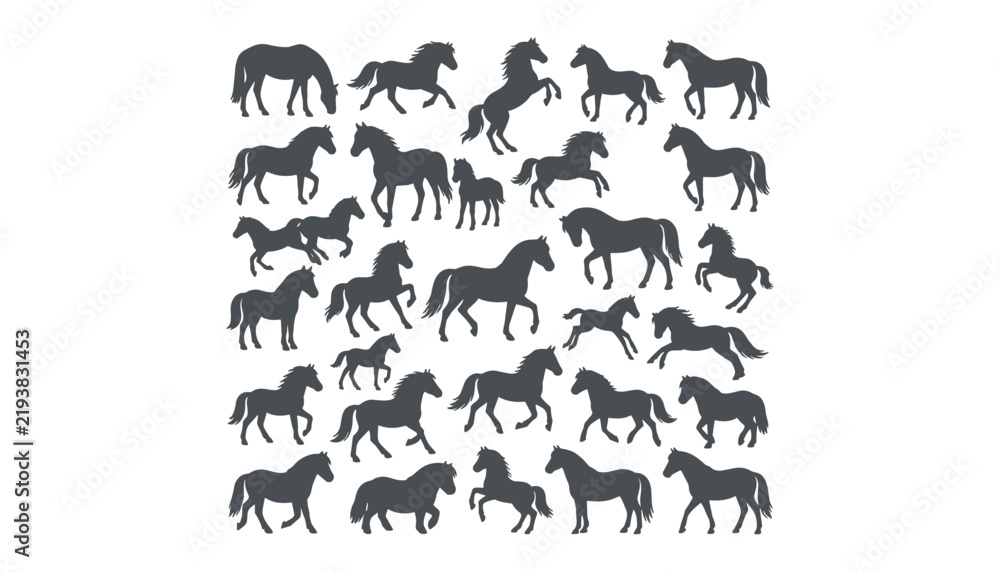 Obraz premium Running horse silhouette vector set with wild stallions mares colts galloping rearing and standing in various majestic active poses
