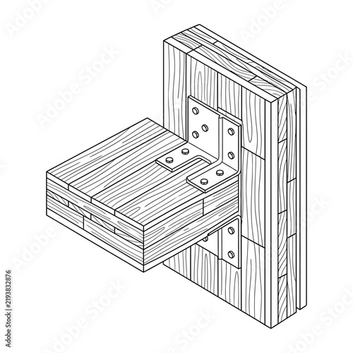 Technical Vector Illustration of Cross Laminated Timber Connection with Metal Angle Brackets and Screws for Mass Timber Construction