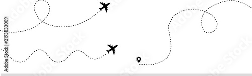 Two airplanes are flying along dotted paths towards a destination pin