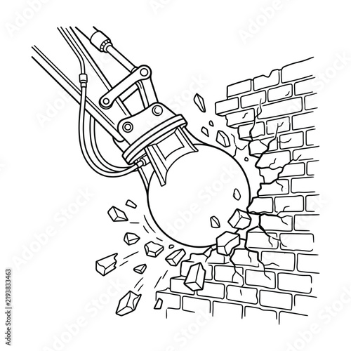 Wrecking Ball Smashing Through Brick Wall Illustration, Demolition Line Art for Coloring Book, Breakthrough and Construction Concept