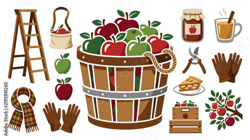 Autumn Apple Harvest Flat Vector Illustration Set: Farm Tools, Food Products, and Fall Accessories