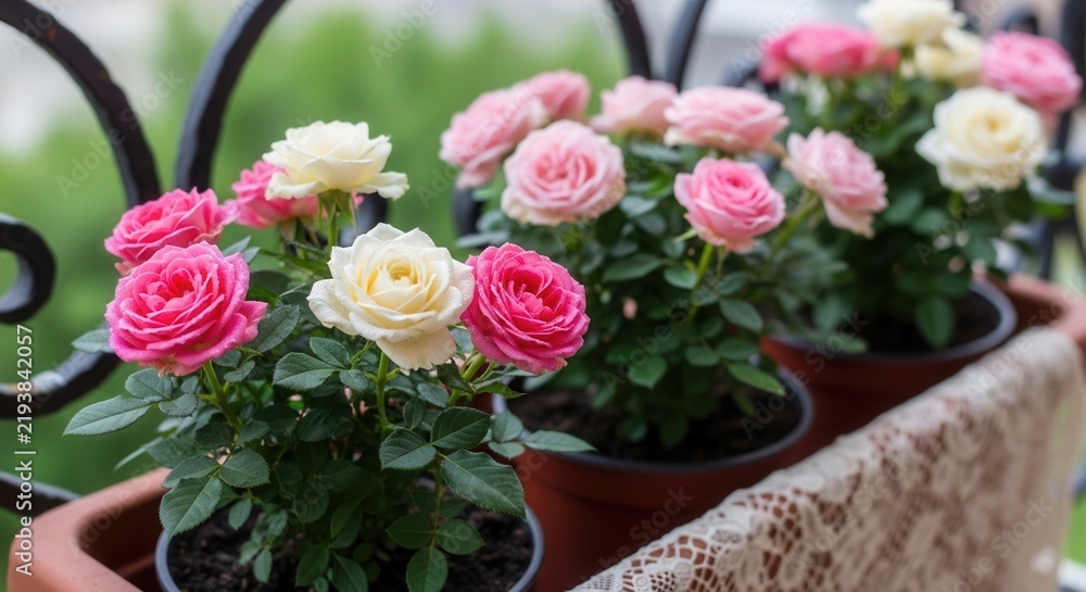 Obraz premium Delicate Pink And White Roses Blooming In Pots On A Balcony With A Railing