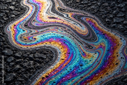 Rainbow colors swirl in a gasoline slick on dark asphalt. Abstract pattern shows oil spill texture, environmental pollution effect on road surface.