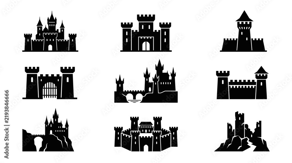 Fototapeta premium Collection of castle silhouettes medieval.