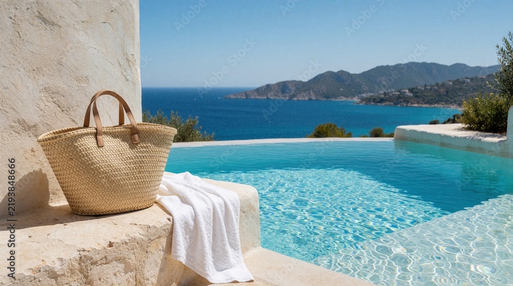 Fototapeta premium Woven beach bag rests by infinity pool overlooking blue Mediterranean sea. White towel draped on stone ledge tranquil waters invite relaxation. Peaceful coastal landscape, bright sunny day.