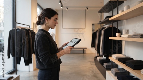 Professional woman reviewing digital catalog in modern clothing retail store with tablet