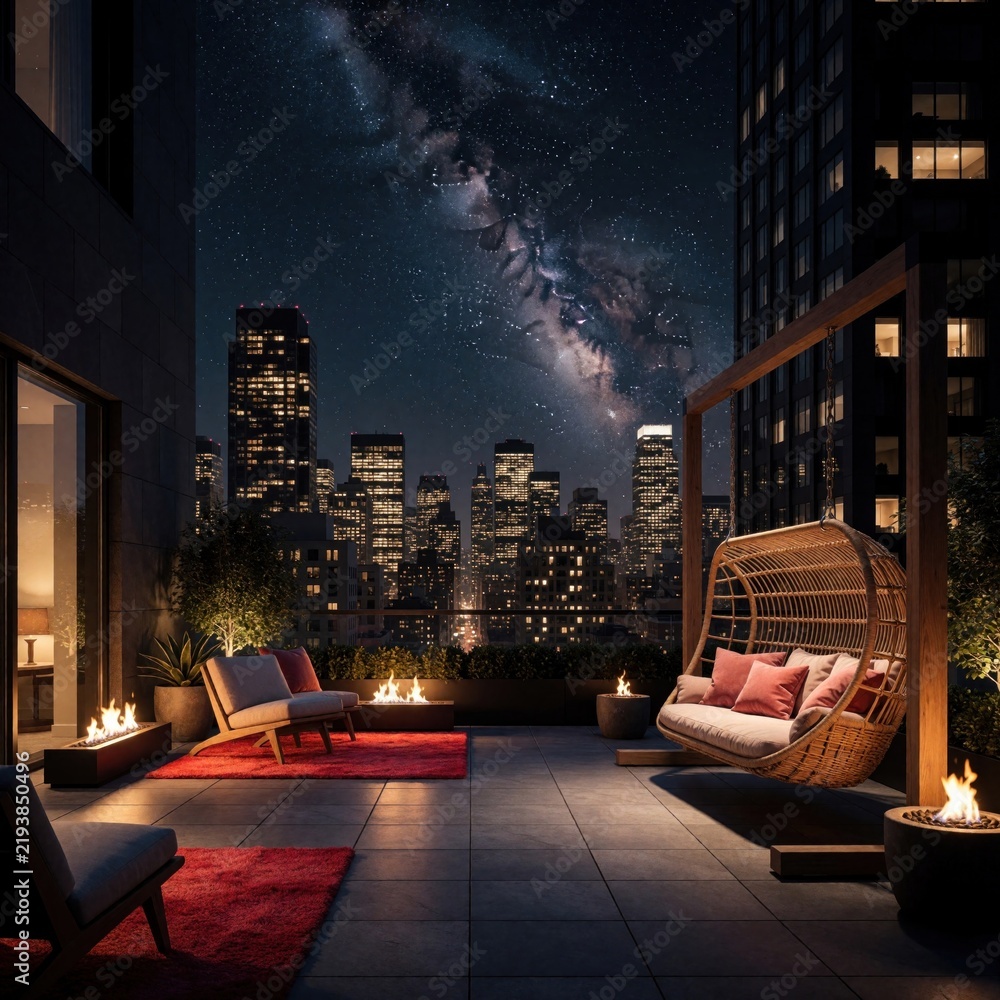 Fototapeta premium Rooftop terrace with hanging chair and city skyline at night under starry sky. Modern urban living space features fire pits and comfortable seating for relaxation.