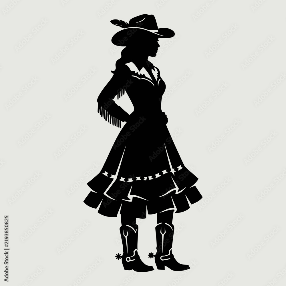Fototapeta premium A stylish black silhouette of a female cowgirl standing elegantly, wearing a western hat with a feather, a fringe jacket, and a ruffled skirt with cowboy boots.