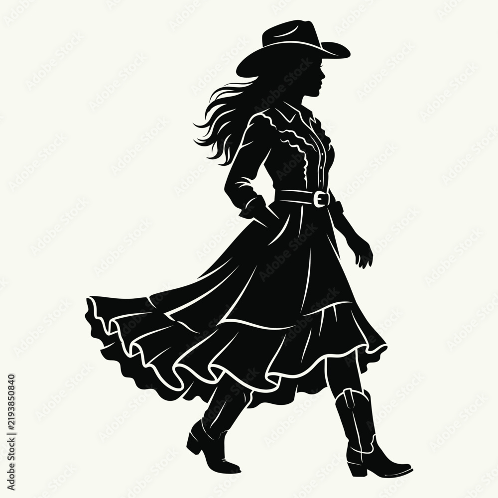 Fototapeta premium A striking black and white vector silhouette graphic featuring a fashionable cowgirl walking with confidence, wearing a flowing tiered skirt, hat, and boots.