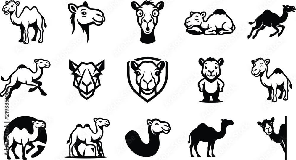 Fototapeta premium A comprehensive collection of various camel icons and graphic illustrations featuring different poses and artistic styles isolated on a plain transparent background
