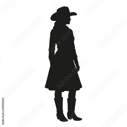 A high-contrast black silhouette graphic showing a woman dressed in traditional Western attire including a cowboy hat, long coat, and cowboy boots, standing in profile.