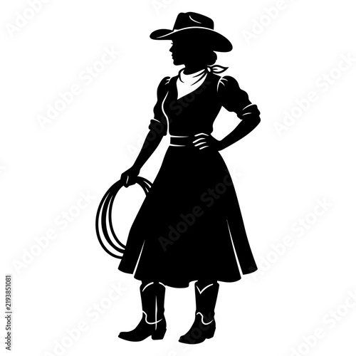 A high-contrast black and white silhouette graphic of a stylish cowgirl standing confidently, wearing a traditional hat, neckerchief, and boots, while holding a lasso.