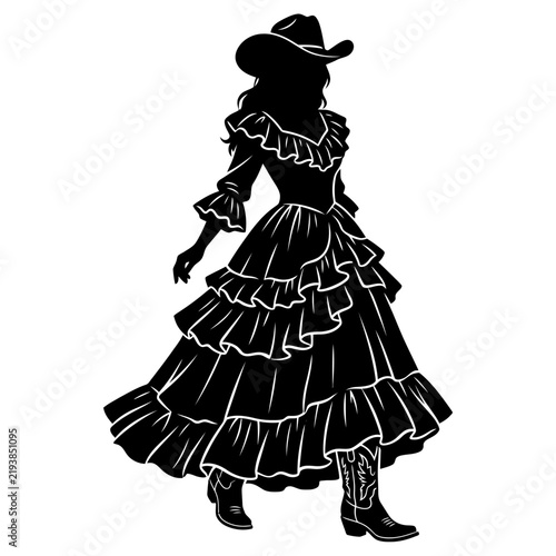 A striking black silhouette of a woman dressed in a vintage-style ruffled gown and a classic cowboy hat, paired with decorative western boots on a plain background.