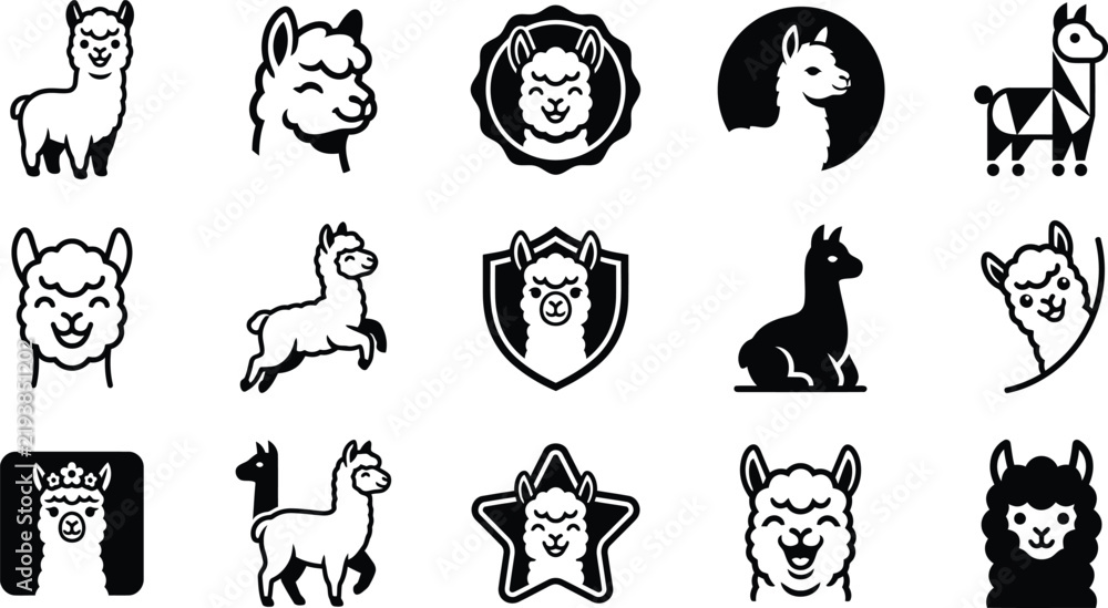 Obraz premium A collection of various cute llama and alpaca character icons represented as black line art isolated on transparent background