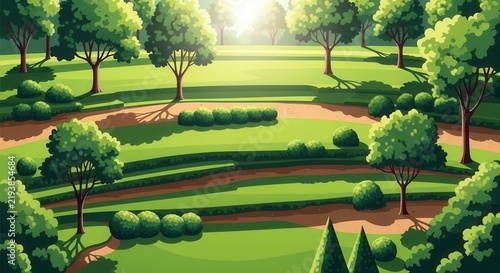 Stylized Lush Green Landscape With Trees And Paths