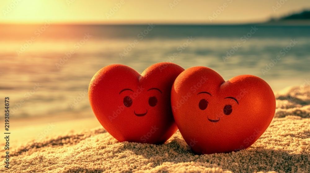 Fototapeta premium Two Bright Red Heart Shapes Together on a Soft Sandy Beach with a Sunset Background