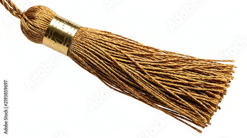 Elegant Gold Tassel with Metallic Band Isolated on White Background Macro Detail