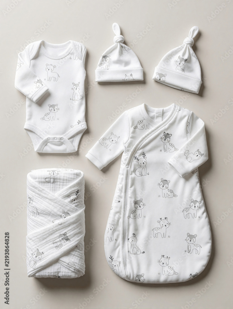 Obraz premium Set of white newborn baby clothes with cute animal prints. Collection includes cotton bodysuit, sleep sack, swaddle blanket, two hats. Minimalist infant apparel flat lay on plain background for