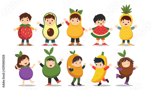 Kids with fruits vegetable costume vector graphic illustration set