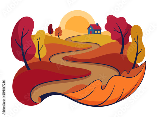 Colorful Autumn Landscape with a Country House  