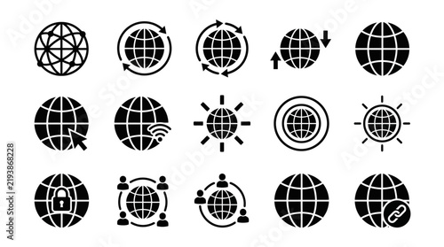 Black and white globe icons set.