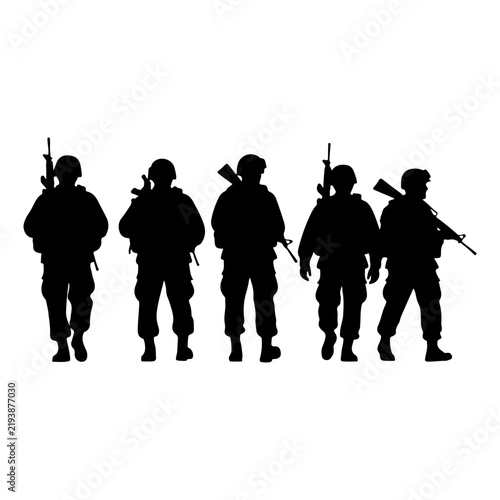 Canvas Print Silhouettes of Five Soldiers in Combat Gear.
