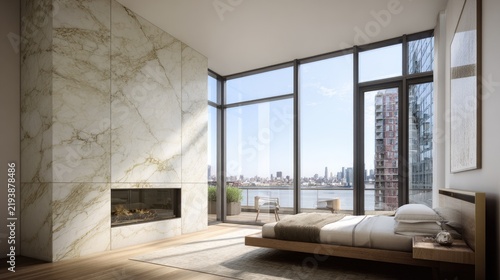 Modern bedroom with fireplace and large windows overlooking cityscape