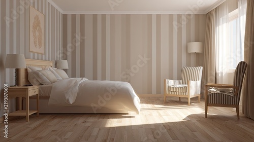 Elegant bedroom interior with bed armchair lamps and window sunlight